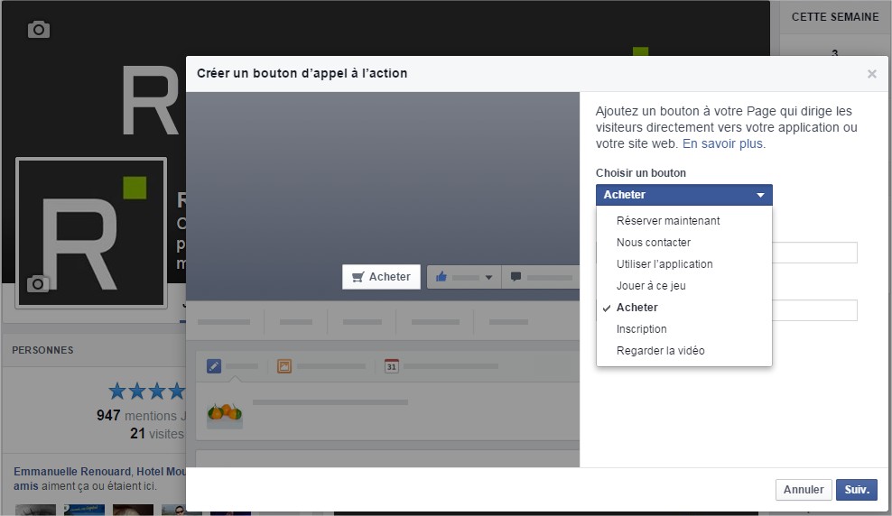 Capture d'écran de la fenêtre créer un bouton d'appel à l'action sur Facebook